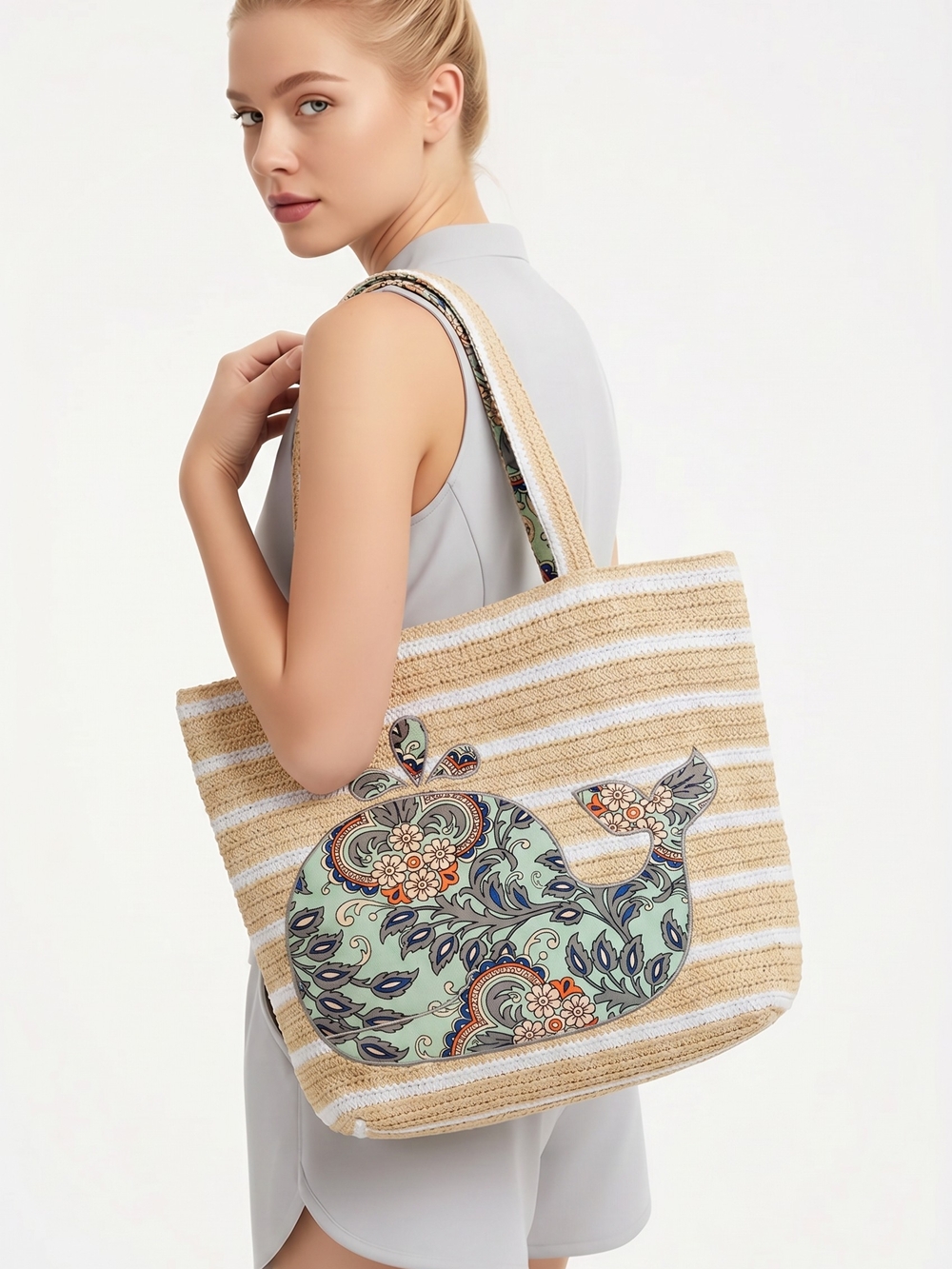 Vera Bradley Tan and White Striped Tote with Mint Paisley Whale Xlg